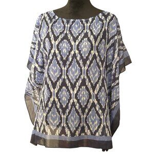 Talbots Blue Ikat Poncho Blouse Womens L Semi-Sheer Lightweight Polyester Flowy